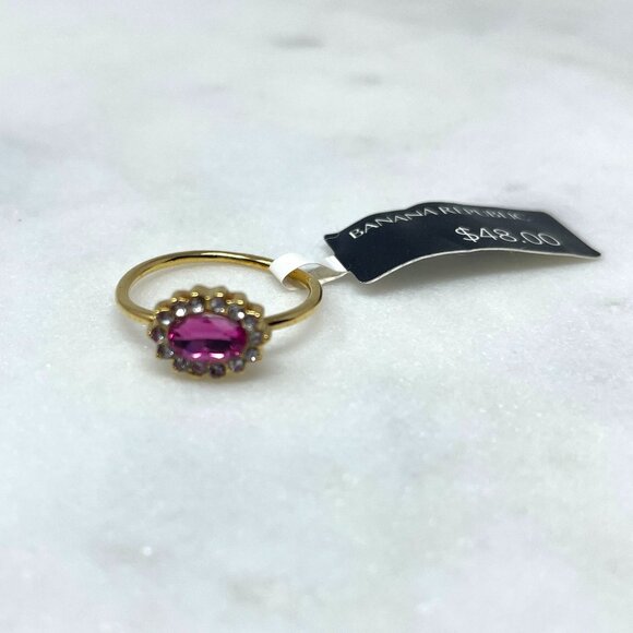 Banana Republic NWT Purple Pink Gemstone Faux Diamond Floral Gold Ring, Size 5 - Picture 1 of 7